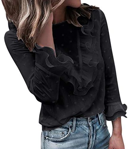 Кошула за жени случајна горната чипка Полка точка О вратот маица со долги ракави врвови блузи женски врвови блуза со кошула