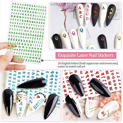 12 листови букви налепници за нокти, налепници за нокти Ебанку, холографски мали налепници за нокти, 3Д бои, ласерско писмо самолепливо