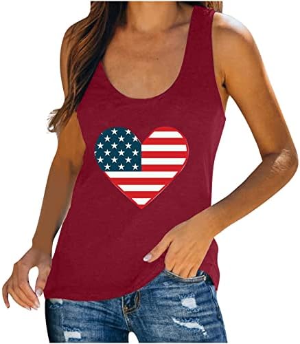 Дами Американско знаме за срце, врвен женски 4 -ти јули Патриотска кошула Симпатична графичка печатена маици во САД, резервоари