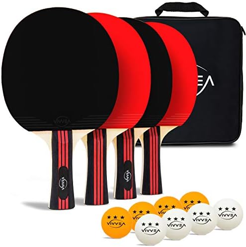 Сет на лопатка Виввеа Пинг Понг - 4 Премиум табела за тениски рекети, 8 професионални топки и торба за преносни куќи за покривање - про обука