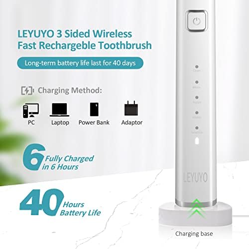 Електрична четка за заби на Leyuyo 360 ° чистење 3 еднострана четка за четка за заби за заби 38,000 VPM четка за заби за возрасни со 4 глави од четки, тајмер, 5 режими, бело