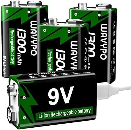 9V Батерии за Полнење, 1300mah 9 Волти ЛИТИУМСКИ Батерии USB-C Полнење со 2 во 1 Кабел За Полнење За Микрофон, Детектор За Чад, Електронски