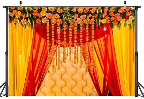 Ticuenicoa 7x5ft Divali Партија Позадина Жолта Индиски Брак Декорација Црвена Завеса Цвеќиња Позадина Индија Светлина Фестивал Дивали