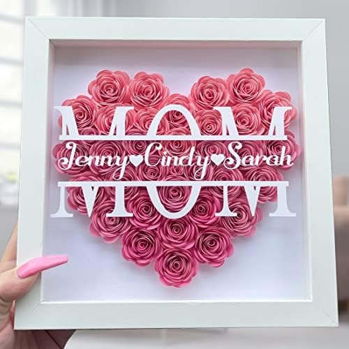 Обичај рози цветна кутија со сенка со 1-8 имиња персонализирани мама срце монограм сенка од рамка за подароци за мајки, прилагодено
