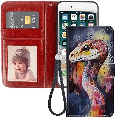 Случај за сини џеб Shencang, погоден за iPhone 6/6S Snake Cobra ART-24 Cash & Id ID, слотови за картички за паричникот Kickstand Multi-Function