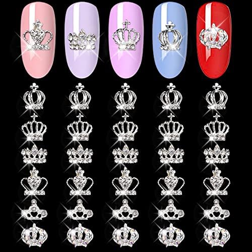 Jerclity 30 парчиња луксузни 3Д сребрени круни за нокти за нокти за легури на круни на ноктите дијаманти за нокти уметнички шарми