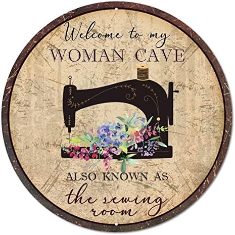 Тркалезен метален калај знак цветен добредојде на мојата жена пештера, таа пролеа и како просторијата за шиење 'рѓосан бар wallид знак