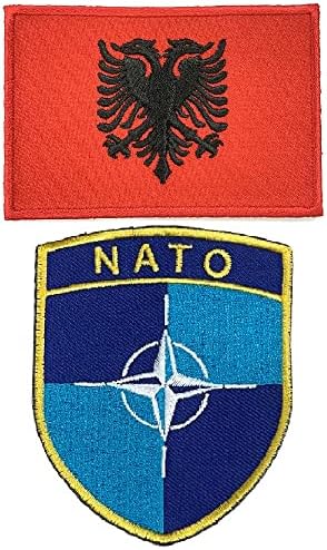 А-една лет-јакна на летот за лет на НАТО ПАСЕ + Албанија знаме шива на лепенка, гроздобер лепенка, извезена лепенка за воена униформа, Армбанд бр.435 + 423