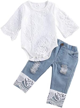 Бебе девојки летни облеки постави чипка шуле од ромпер со долги ракави + искинати фармерки за крпеница новороденче симпатична облека од 2 парчиња 2 парчиња облека