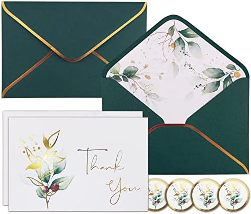 BGTCARDS Зеленило Ви Благодариме Картички | 36 Пакет Еукалиптус Златна Фолија Ви Благодариме Картичка со коверти &Засилувач; Налепница ви Благодариме