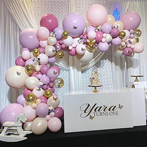 Сет за венци од балон со пеперутки, розови и виолетови конфети балони се погодни за розови и виолетови роденденски забави, декорација за