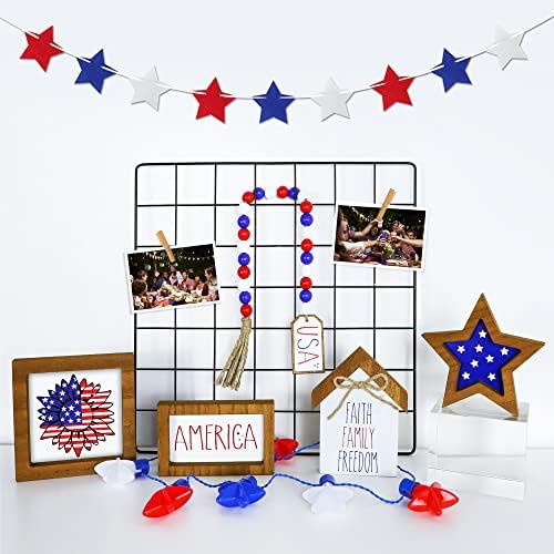 Декорации за 4 јули за дома, 5 парчиња рустикална фарма куќа 4 -ти јули издвоени таблички декор Патриотски дрвени знаци на маса, знаме на САД,