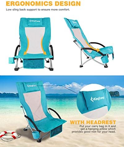 Кингкамп плажа стол со висок грб лесен преклопен ранец стол со торба за џеб перници за држач за чаши за отворено кампување песок концерт на