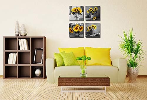 Rtriel сончогледово платно wallидна уметност жолта цветна цветна цвеќиња црно -бели печати за сликање 4 панели бања спална соба дневна