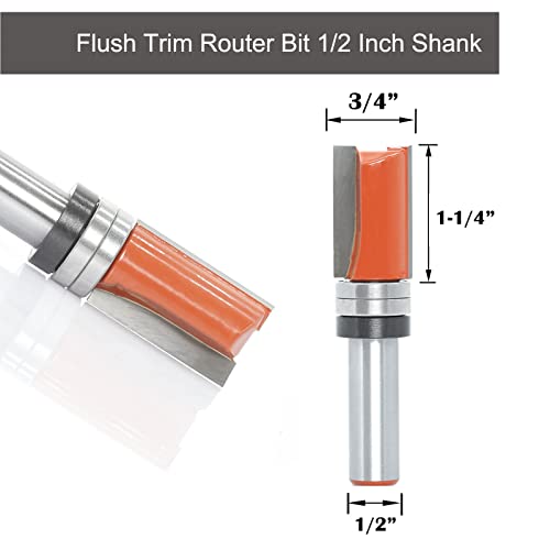 Sinoprotool Flush Trim Router Bit 1/2 инчен Shank, 3/4 Cut Dia, 1-1/4 Должина на сечење, образец за врвен шема на лежиштето, црвен