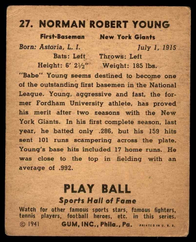 1941 Играјте топка 27 бебе млади њујоршки гиганти VG гиганти