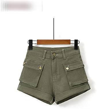 Деним товарни панталони шорцеви за жени шик со високи половини шорцеви гроздобер обични џебови цврсти кратки панталони жени