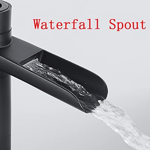 Бања за мијалник за мијалник водопад црн, цврст месинг, топла и ладна вода тапа, ротација на 360 °, единечна рачка водопада тапа