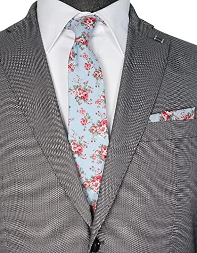 Zenxus Mens Casual Skinny Floral Tie Combo сет со цветен џеб квадрат 2½ памучна вратоврска рака направена