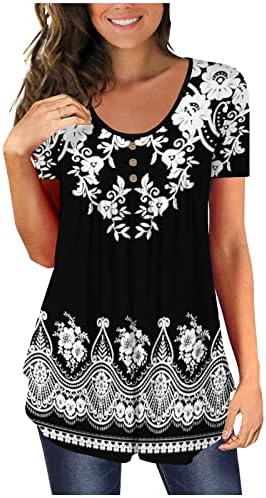 Женски врвови за туники за хеланки, цветни печатени кошули со краток ракав, шишиња на обична облека со блузи, облека 2023 трендовски