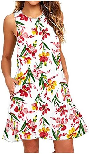 Summerенски летни фустани во 2023 година Гроздобер цветни печатени резервоари без ракави, облечени екипаж маички фустани со џебови