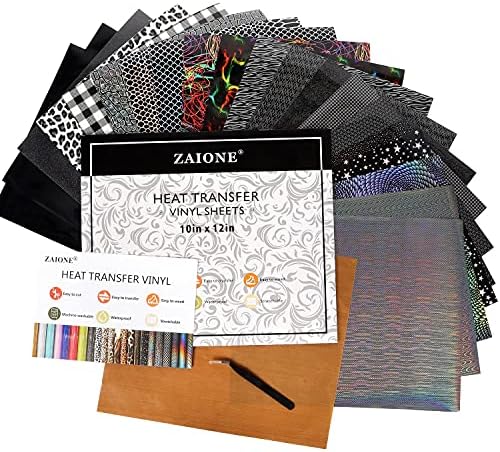Zaione Black Transmine Transfer Vinyl: HTV пакет железо на чаршафи, 20 пакувања 12x10 инчи темна боја печати холографска шема за маички ткаенина