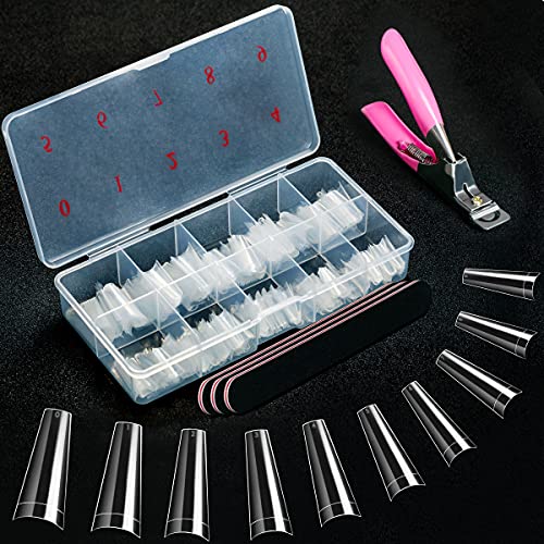 BHYTAKI 500 Pcs Coffin Nail Tips with Box - Clear Acrylic Ballerina Shaped Nail Tips Half Cover French Nail Tips with 1 Clipper Cutter Trimmer and 3 Nail Files, for Home DIY and Nail Salons 