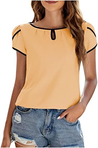 Женски кошули фустани обични кратки ракави солидна боја врвови на летната рунда вратот шупливи маички пулвер блузи