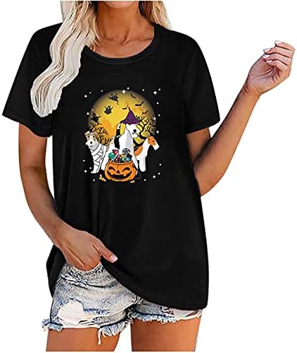 Ноќта на вештерките маица жени симпатична скелет графички врвови од тиква од тиква тимови, обични кошули за одмор со краток ракав, лабави