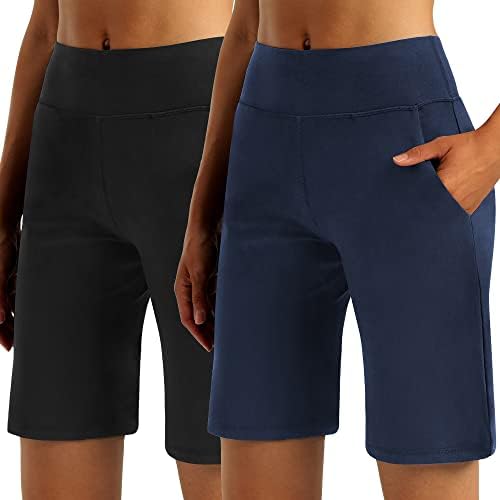Stelleенски женски 10 “високи половини атлетски шорцеви во Бермуда долги шорцеви со џебови за тренингот за трчање по јога