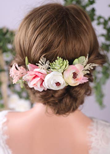 Anglacesmade невестински цвет чешел за коса розова крема од розово пупка за пупка за пупка за свадбена невеста цветен венец