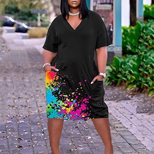 PBNBP Womenенски плус големина Туника фустан со џебови лето плажа кратки ракави фустани обични спортски V вратот печатени фустани