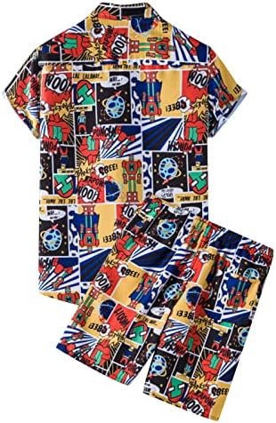 Ubst 2 парчиња Хавајски поставува летни кратки ракави копче надолу Алоха кошули Смешни графички шорцеви Поставете обични костуми на