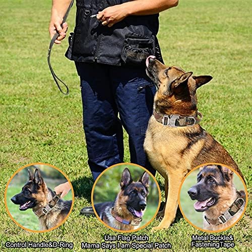 Тактичка јака за кучиња - Kcucop јака од воена кучиња со 2 закрпи 1,5 ширина дебела со рачка K9 јака јаки од кучиња прилагодливи метални метални