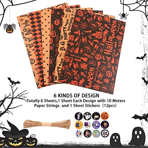 Мамуну 6 листови хартија за завиткување на вештерките, портокалова црна тиква череп Дизајн за Ноќта на вештерките Арт занаетчиска