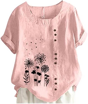 Плус големина памучна постелнина маици женски случајни кратки ракави за цвеќиња за цвеќиња од цвеќиња од цвеќиња, лабава тенок о-врат на