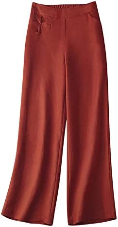 Памучни постелнини широки панталони за нозе за жени, женски обични лабави еластични половини, удобни цврсти панталони за салони во боја