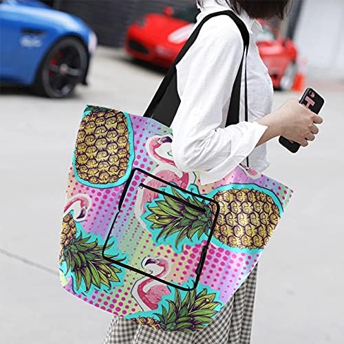 Летен ананас фламинго преклопен торбички торба за еднократна торба за намирници, тешка школа торба торба за шопинг за плажа, патување, теретана