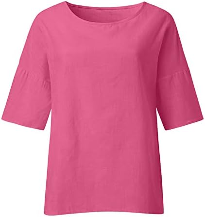 Женски класични обични кошули плус маици со памучна постелнина 3/4 ракав Туничен врат Туника врвови лабава обична кошула блуза