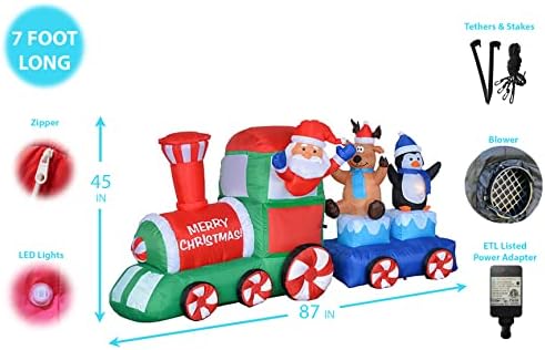 Два божиќни украси за украси, вклучуваат 7 стапала, осветлени Божиќни надуени Дедо Мраз ирваси Пингвин на воз, и висока огромна елка со високи