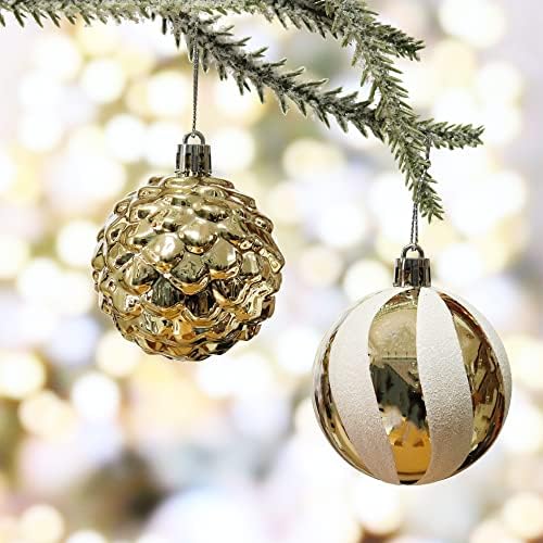 Божиќни украси на бели и злато, 30 парчиња распрскувани топки за новогодишни елки, поставени пластични Божиќни украси, најголемиот
