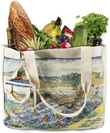 Торба за купување на платно за еднократно платно - со внатрешен џеб, миење на тешка машина, јапонски стил на култура печатена шема