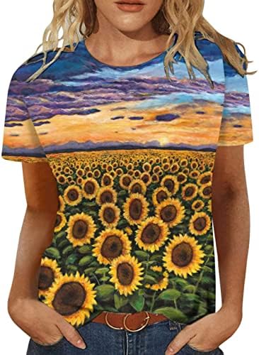 Градиент цветна графичка опуштена вклопена маички за жени кратки ракави екипаж Спандекс случајни блузи маици дами db
