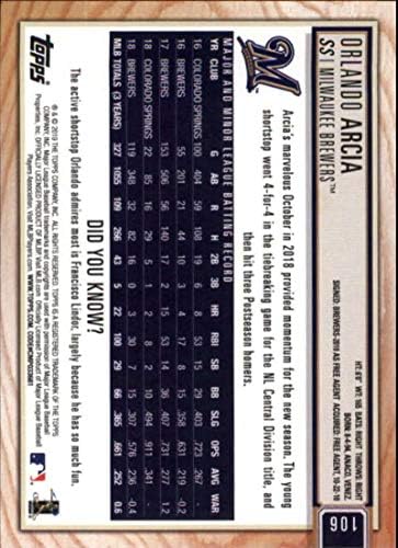 2019 Топс Злато Од Големата Лига 106 Орландо Арсија Милвоки Бруерс МЛБ Бејзбол Трговска Картичка