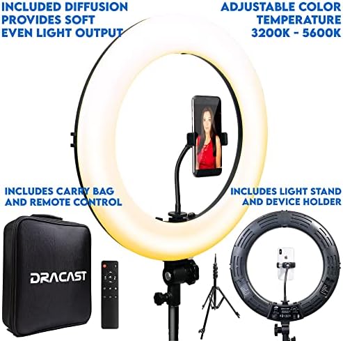 Dracast Halo Plus Series LED180 | Комплет за светло на видео прстен од 18 затемнет LED со држач за телефони и светлосен штанд | Би-боја 3200K-5600K
