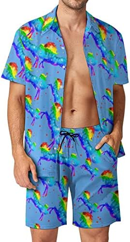 Weedkeycat Виножито Галакси Еднорог машка облека за плажа 2 парчиња Хавајско копче надолу со кошула Краток ракав и сет на трупки од шорцеви