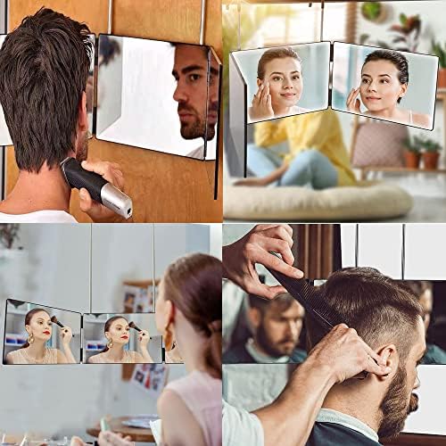OySeyFo 3 Начин Огледало За Коса Сечење 360° Barber Огледало Со Висина Прилагодливи Телескопски Куки Трикратно Огледало За Бричење,