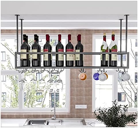 Keppd виси решетката за вино, прилагодлива висина и ширина Метална таванска решетка со шише со стаклена полица за стакло за под кабинет,