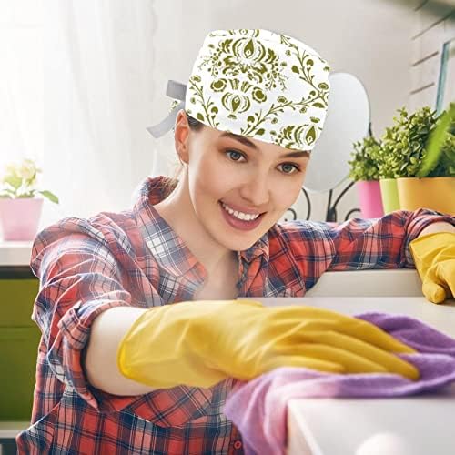2 ПЦС медицинска сестра за чистење жени со долга коса, цветно печатење цвет прилагодливо работно капаче со копче и џемпери разнобојно разнобојно