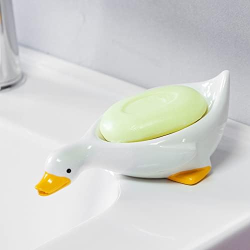 Woniu 2 пакува бело симпатично патка животински керамички сапун сапун сапун држач за сапун со дренажа за дренажа за кујна за бања за туширање